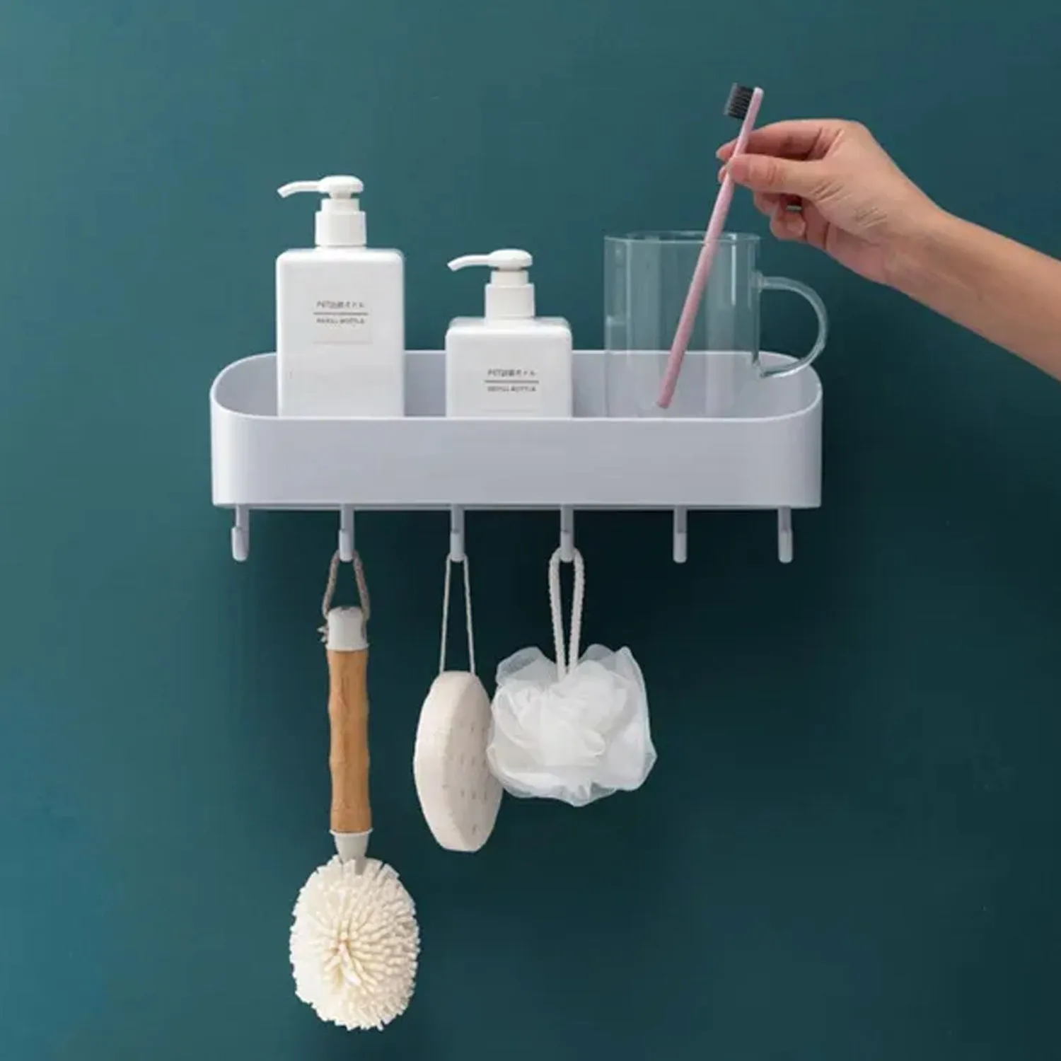 4058 Multipurpose Bathroom Kitchen Shelf Plastic Wall Storage Organizer with 6 Hooks Without Drill self Adhesive and Magic Sticker