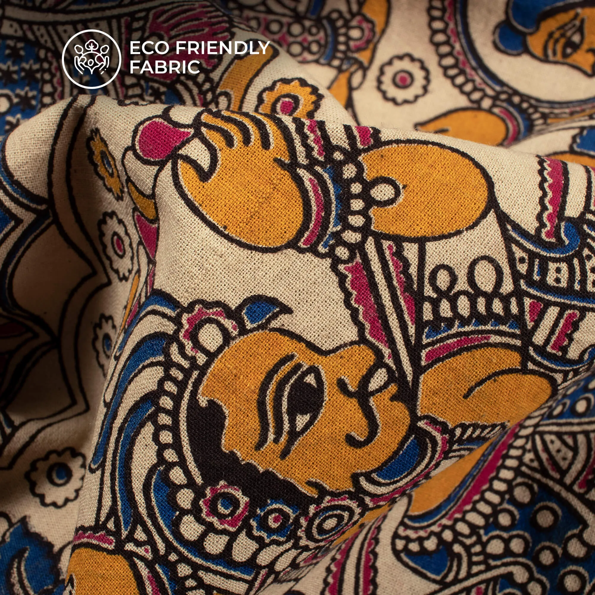 Beige And Blue Quirky Pattern Kalamkari Cotton Fabric