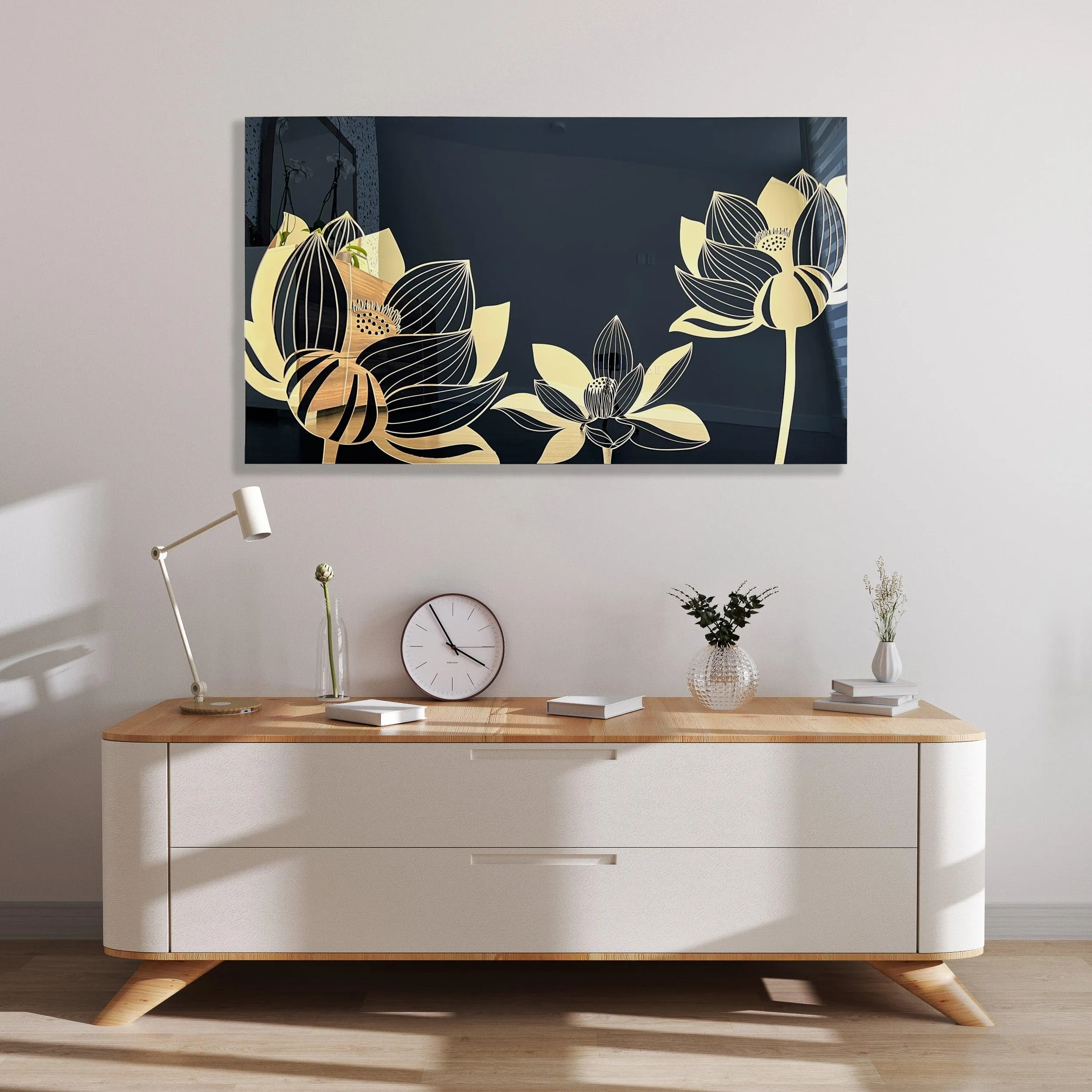 Black and Gold Mirror Lotus Flower Acrylic Art