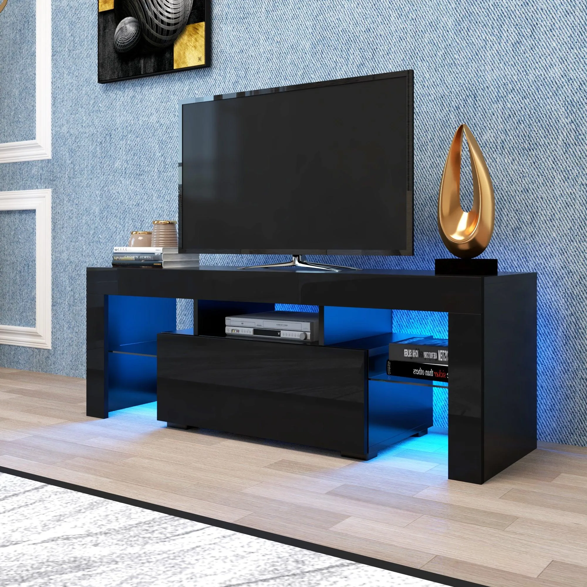 Black TV Stand with LED RGB Lights, Flat Screen Cabinet