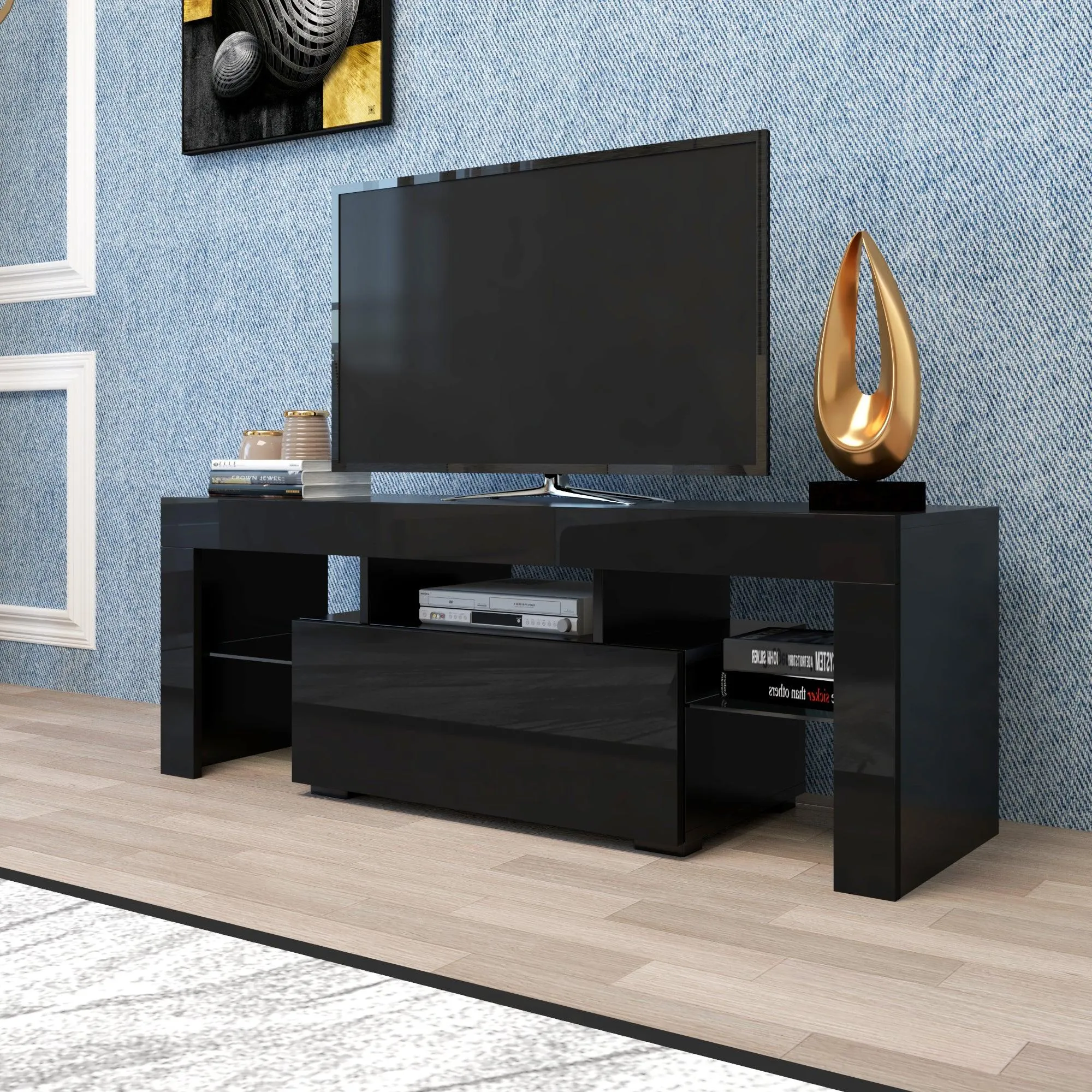 Black TV Stand with LED RGB Lights, Flat Screen Cabinet