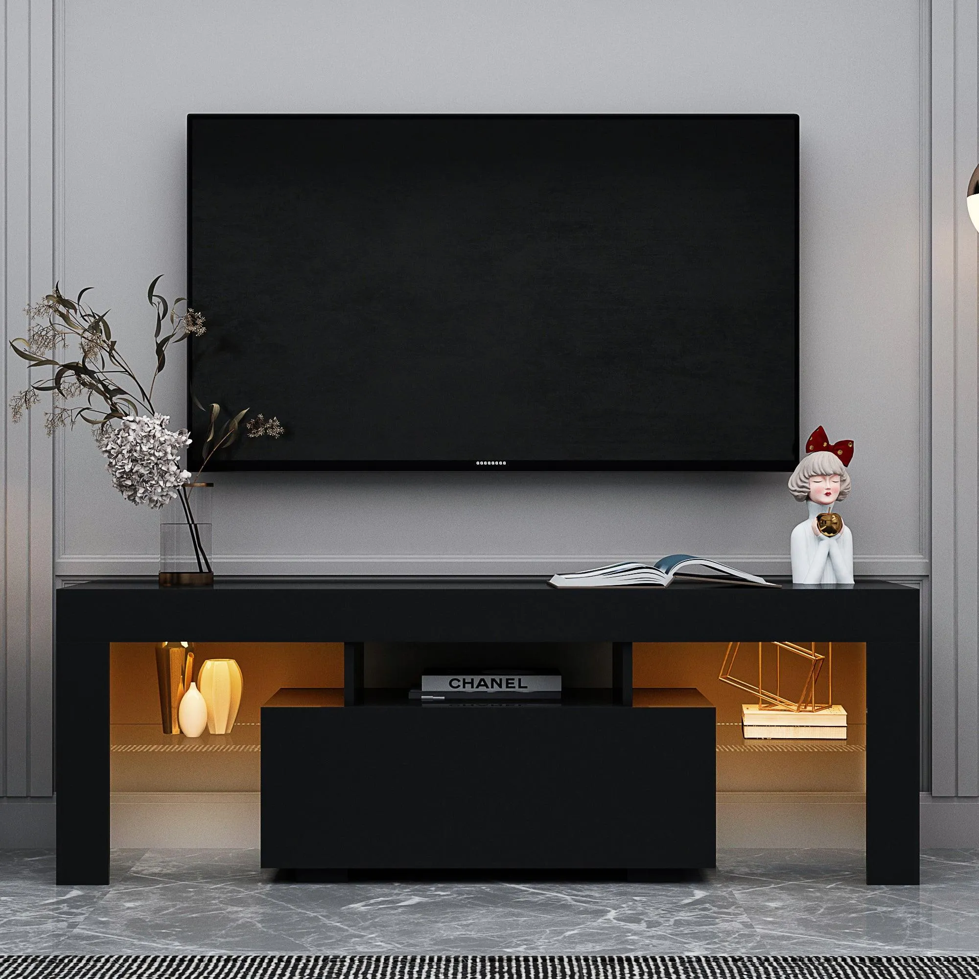 Black TV Stand with LED RGB Lights, Flat Screen Cabinet