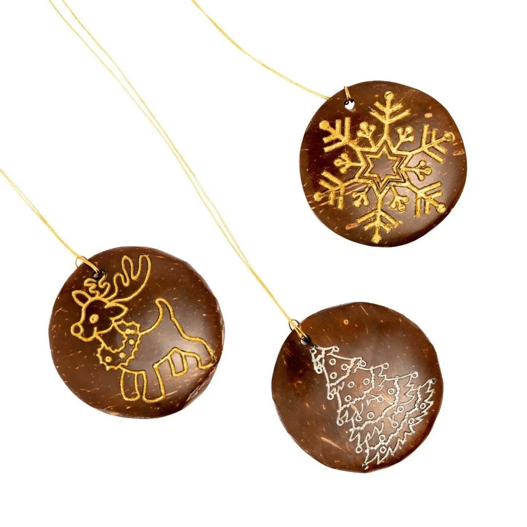 Coconut Shell Christmas Hanging Decorations - Set of 6