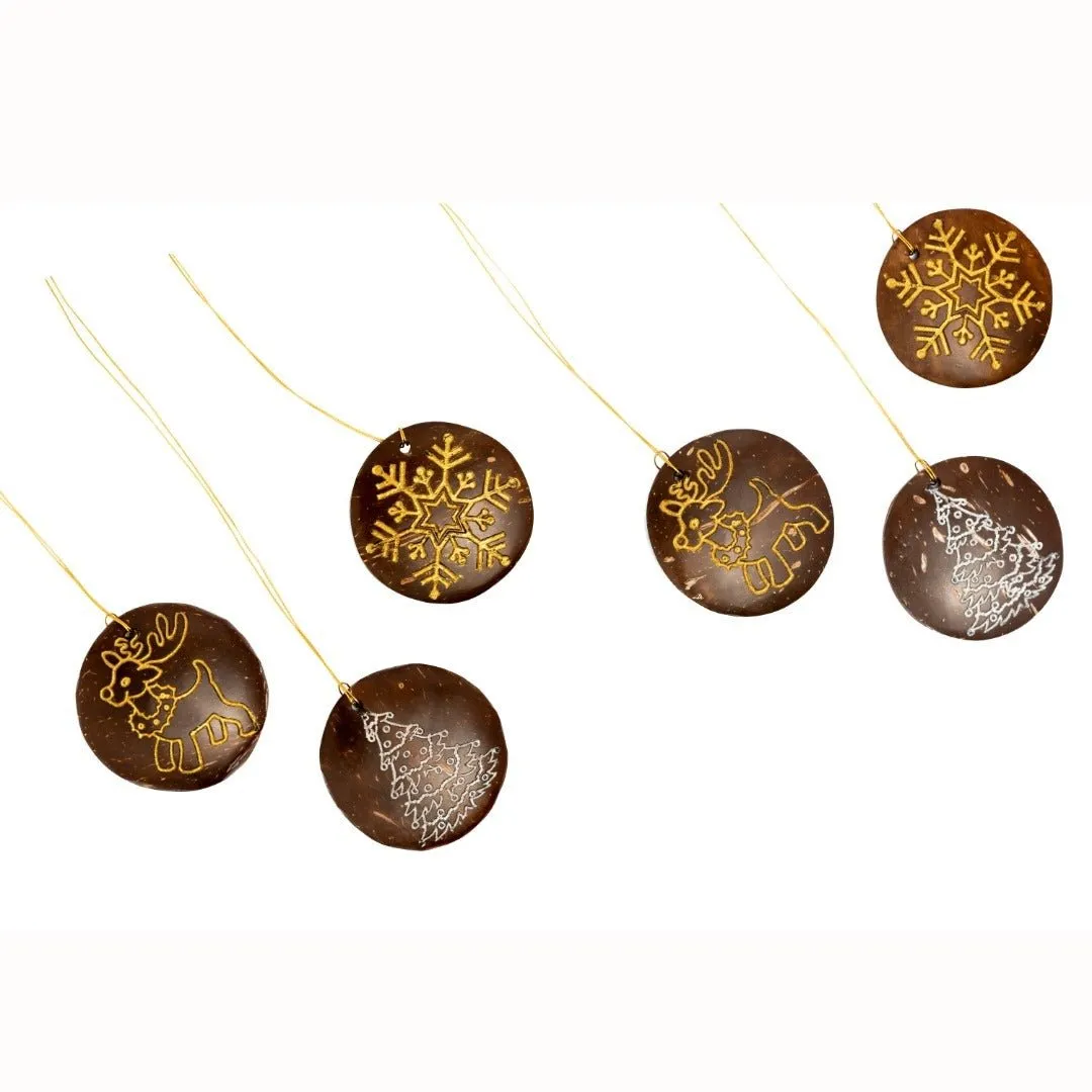 Coconut Shell Christmas Hanging Decorations - Set of 6