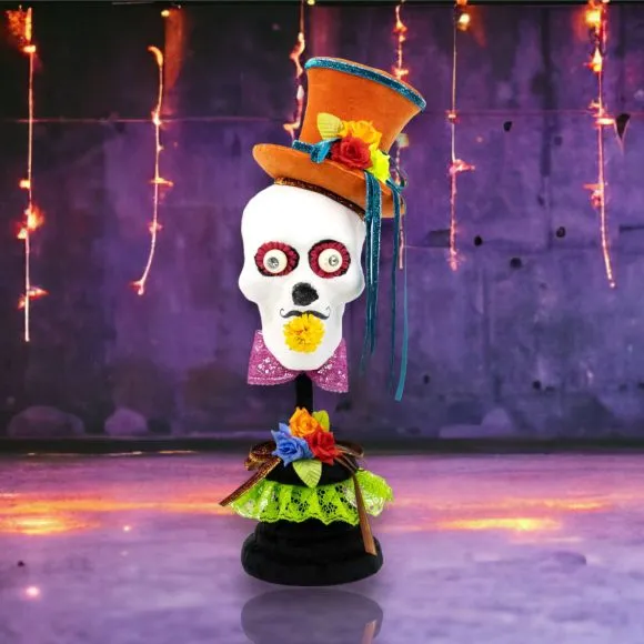 December Diamonds Day Of The Dead Halloween 21 inch Skeleton w/Orange Hat on Pedestal