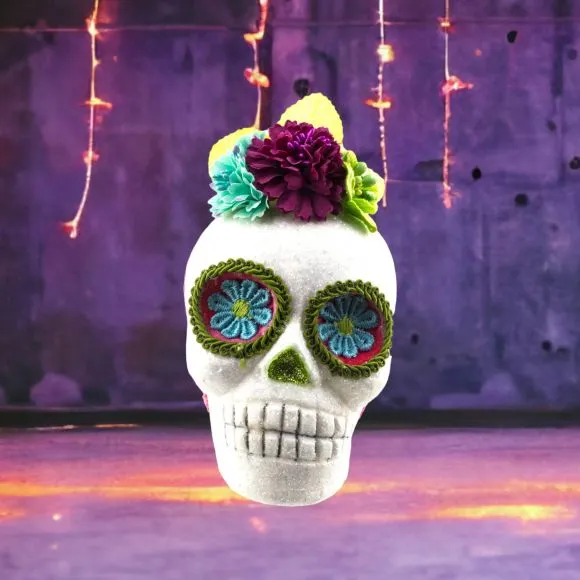 December Diamonds Day Of The Dead Halloween 5.5 inch Skeleton w/Teal Flower Ornament