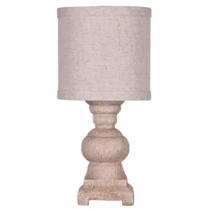 Distressed White Urn Accent Lamp with Natural Brown Linen Shade