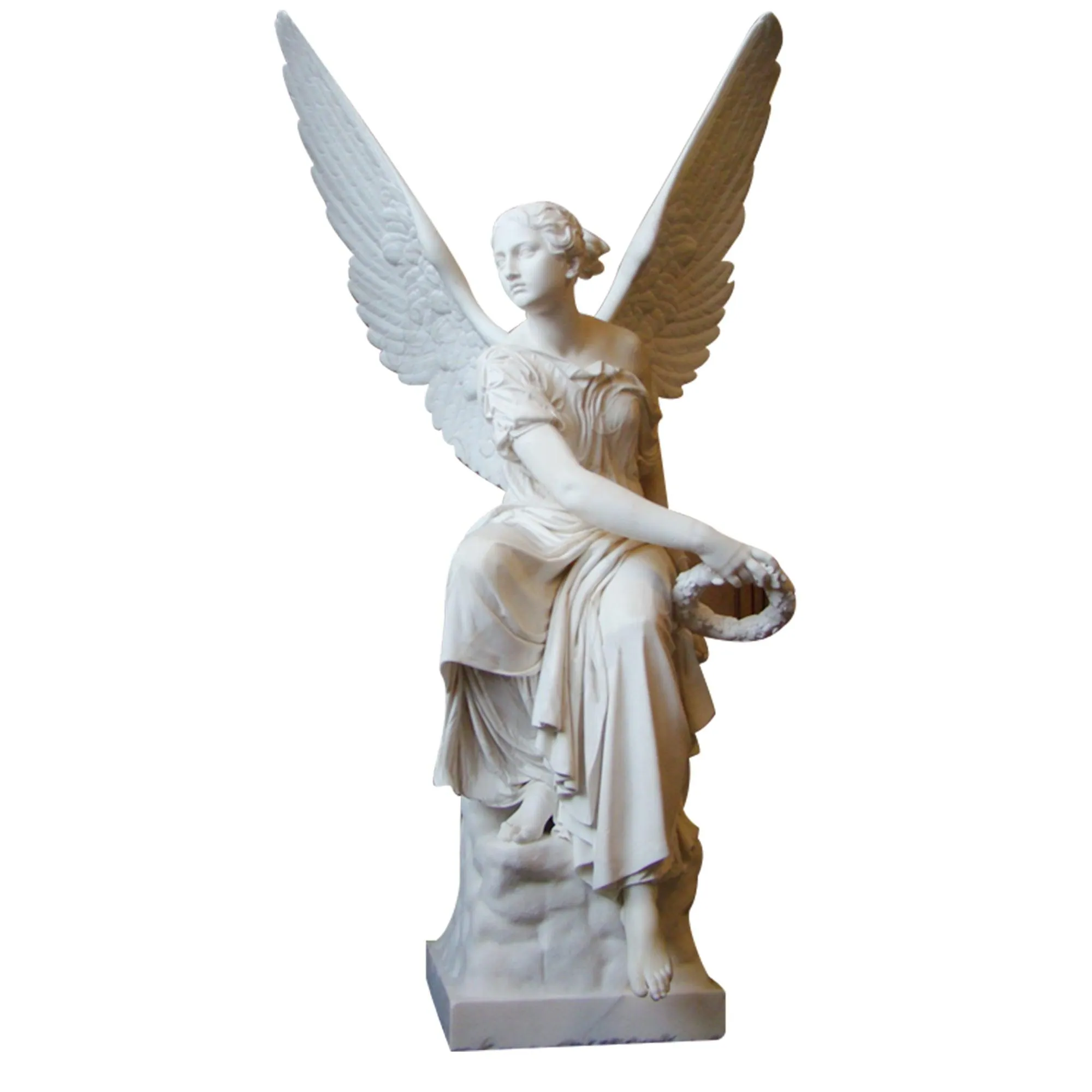 FINEST Outdoor Seated Angel with Wreath Marble Statue FM-020