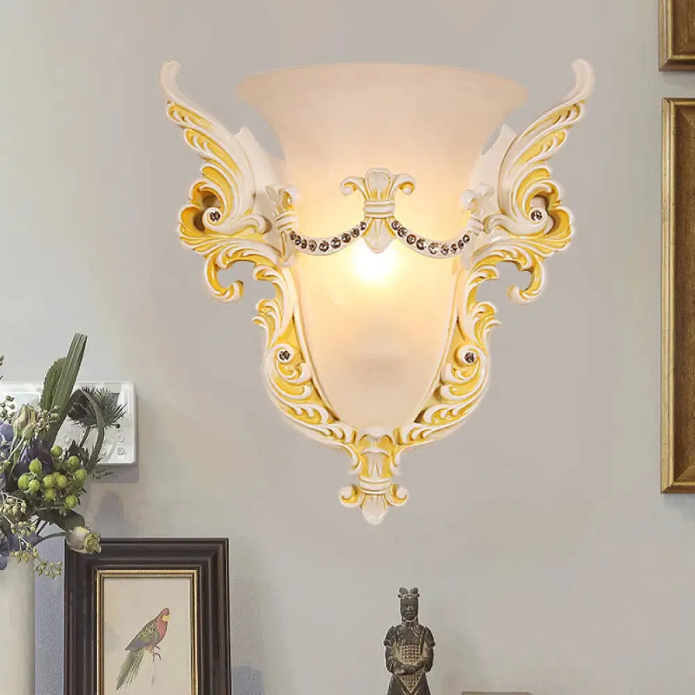 Frosted Glass Colonial Wall Sconce - 1 Bulb Flush Mount Light in White/Gold