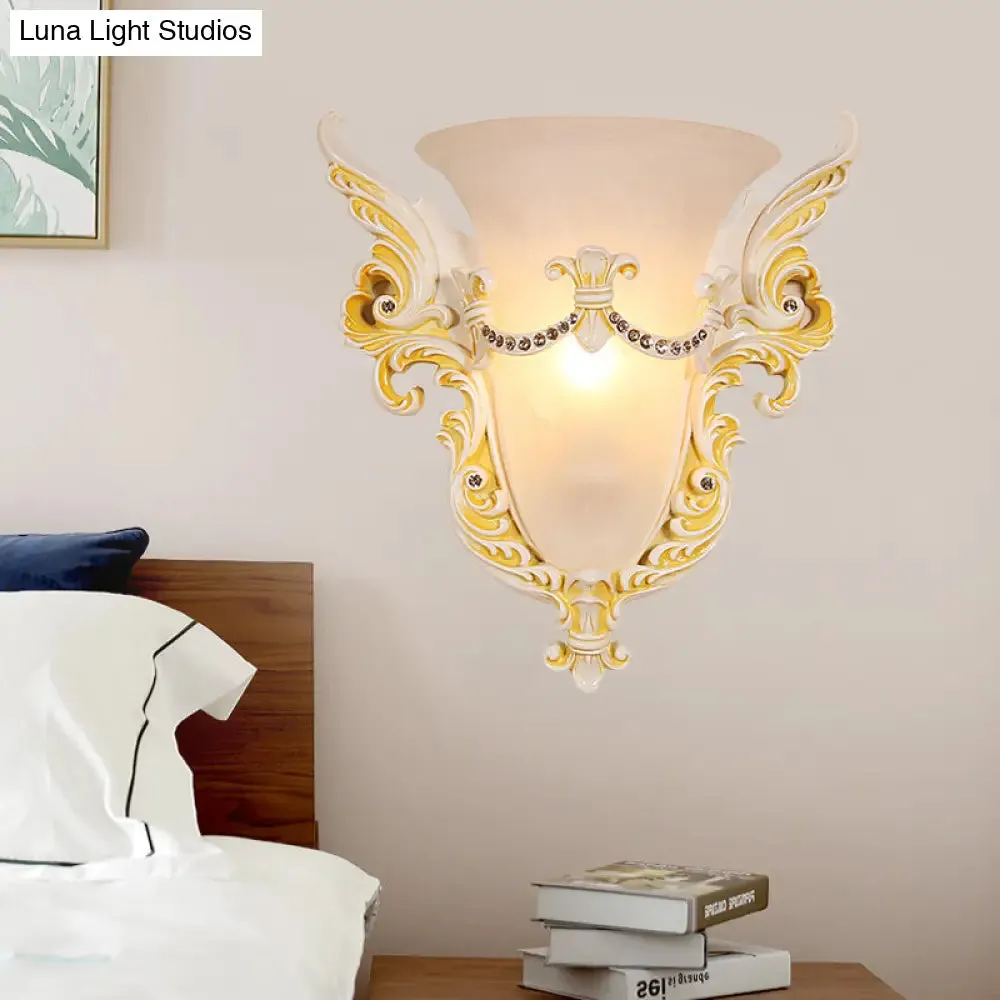 Frosted Glass Colonial Wall Sconce - 1 Bulb Flush Mount Light in White/Gold