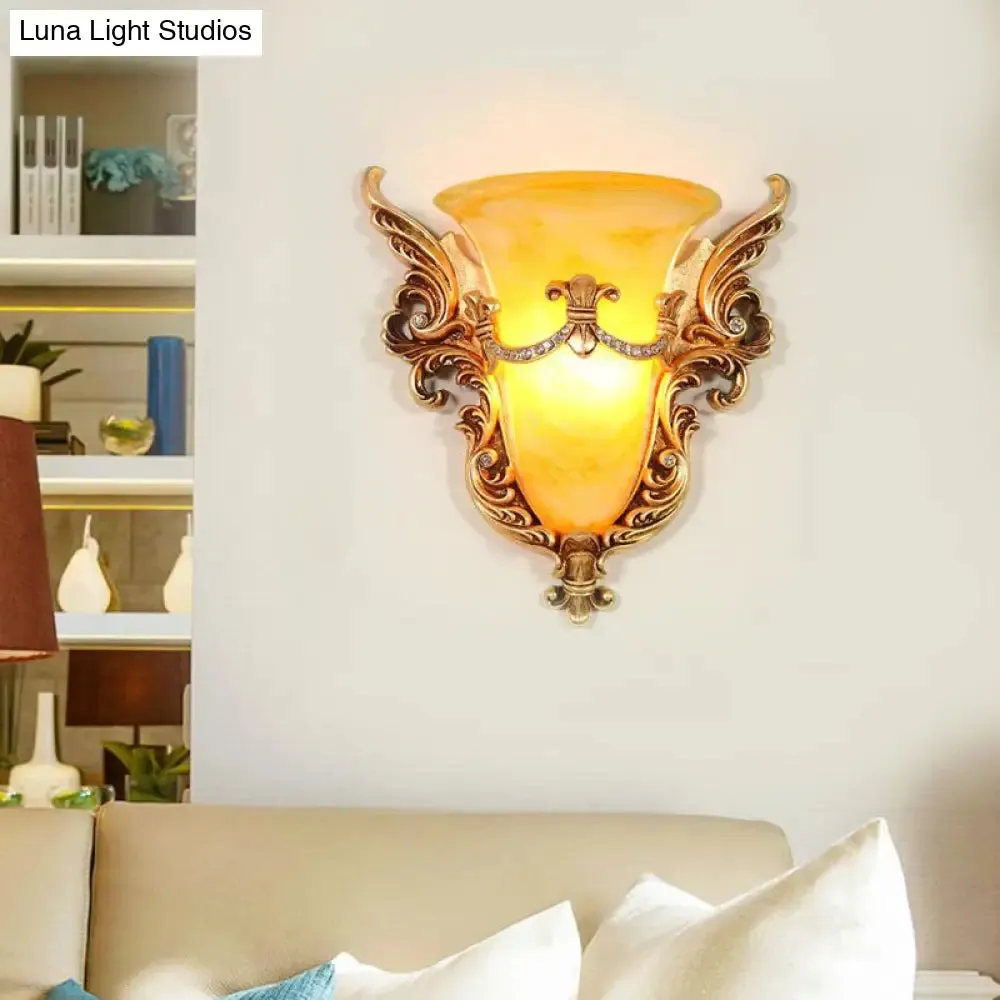 Frosted Glass Colonial Wall Sconce - 1 Bulb Flush Mount Light in White/Gold