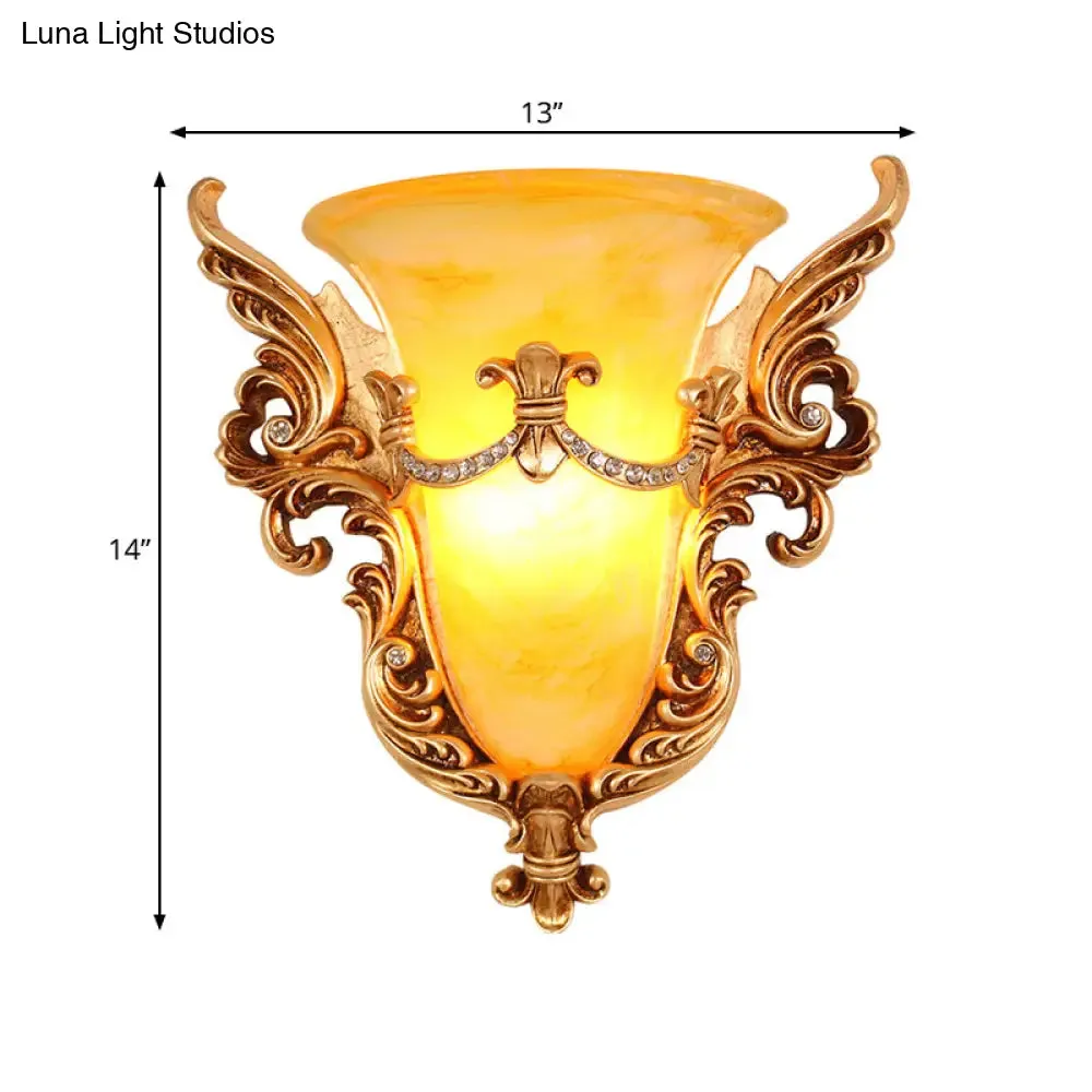 Frosted Glass Colonial Wall Sconce - 1 Bulb Flush Mount Light in White/Gold