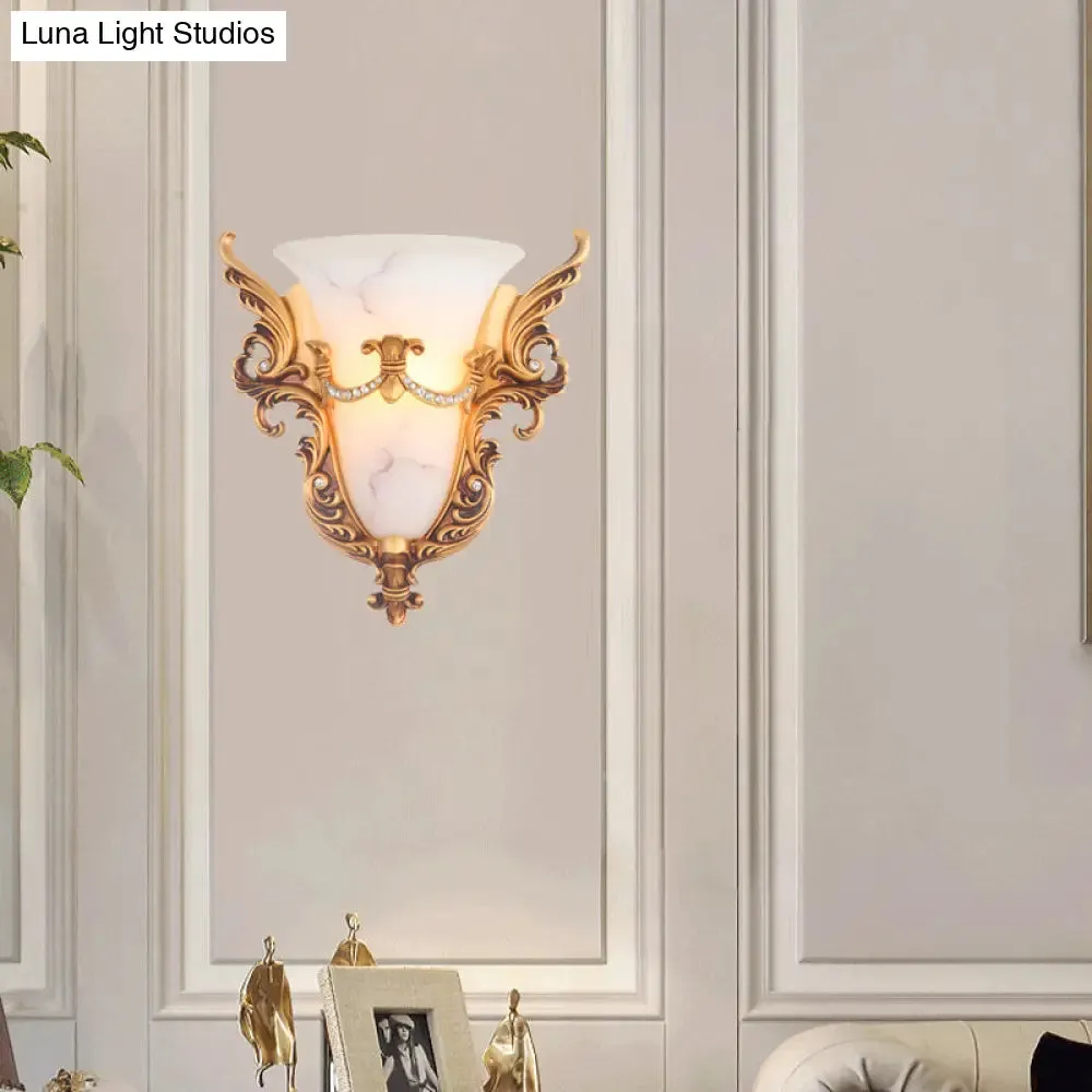 Frosted Glass Colonial Wall Sconce - 1 Bulb Flush Mount Light in White/Gold