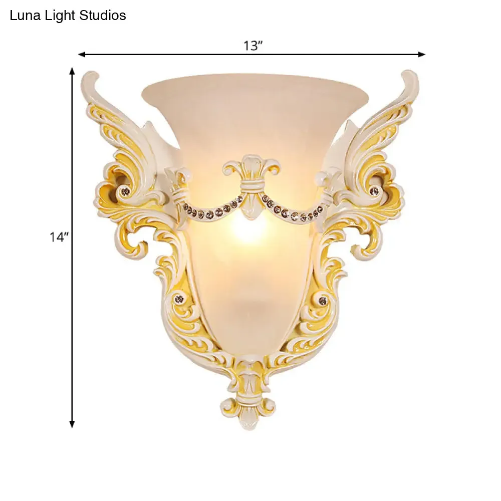 Frosted Glass Colonial Wall Sconce - 1 Bulb Flush Mount Light in White/Gold