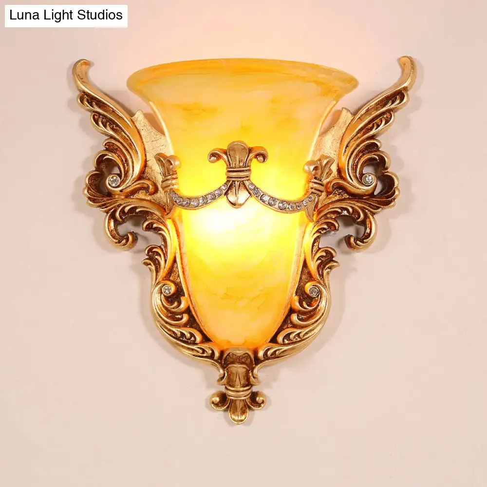 Frosted Glass Colonial Wall Sconce - 1 Bulb Flush Mount Light in White/Gold