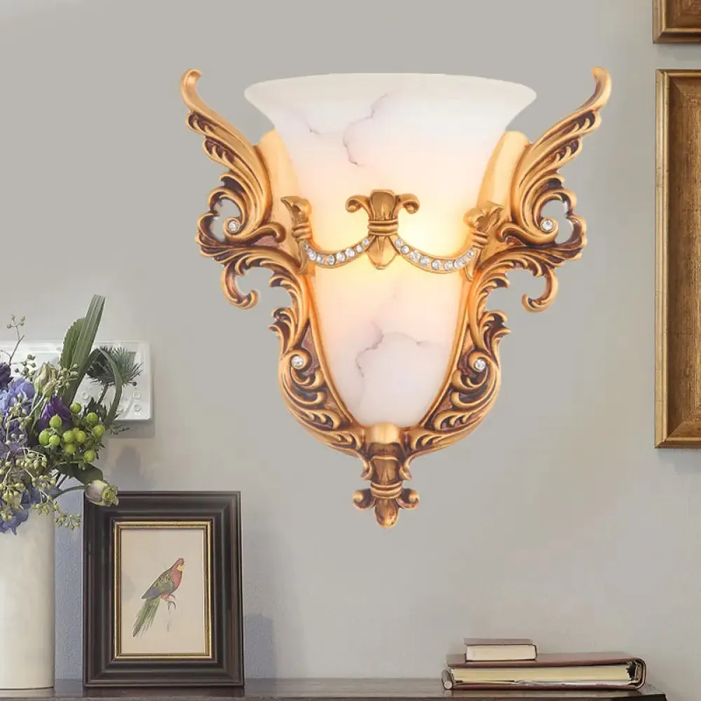 Frosted Glass Colonial Wall Sconce - 1 Bulb Flush Mount Light in White/Gold