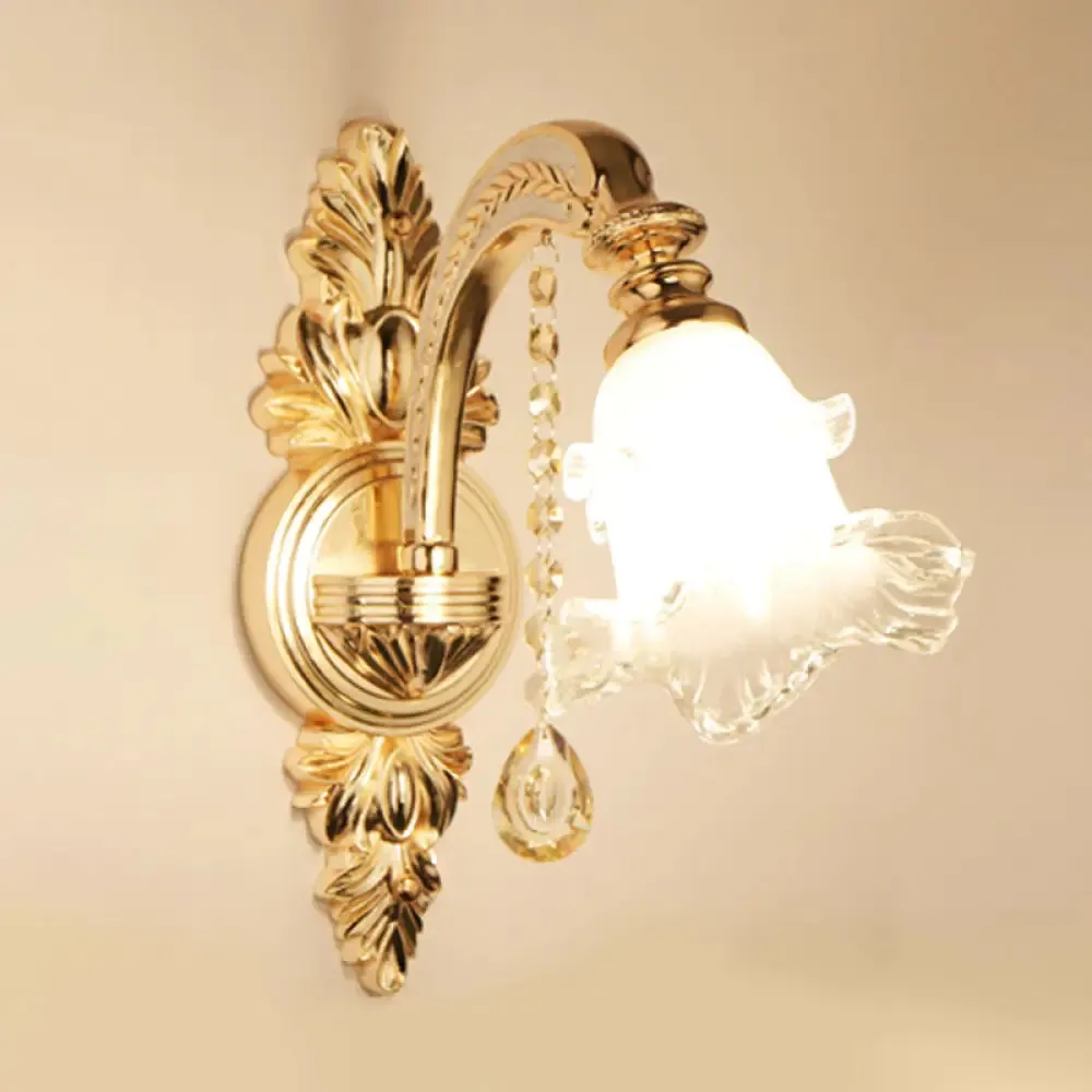 Gold Frosted Glass Flower Wall Mount Light with Crystal Draping - Traditional Corridor Fixture