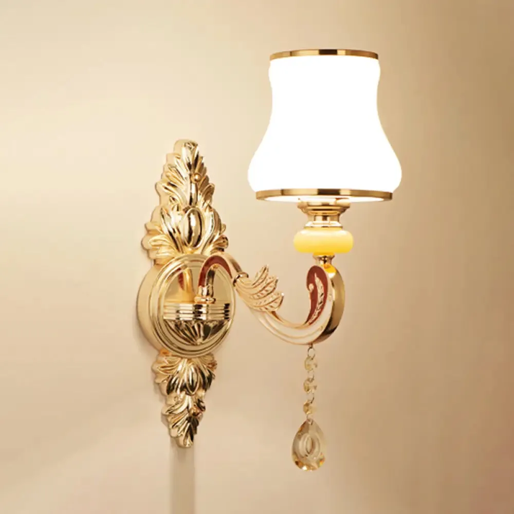 Gold Frosted Glass Flower Wall Mount Light with Crystal Draping - Traditional Corridor Fixture