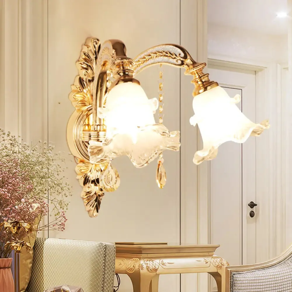 Gold Frosted Glass Flower Wall Mount Light with Crystal Draping - Traditional Corridor Fixture