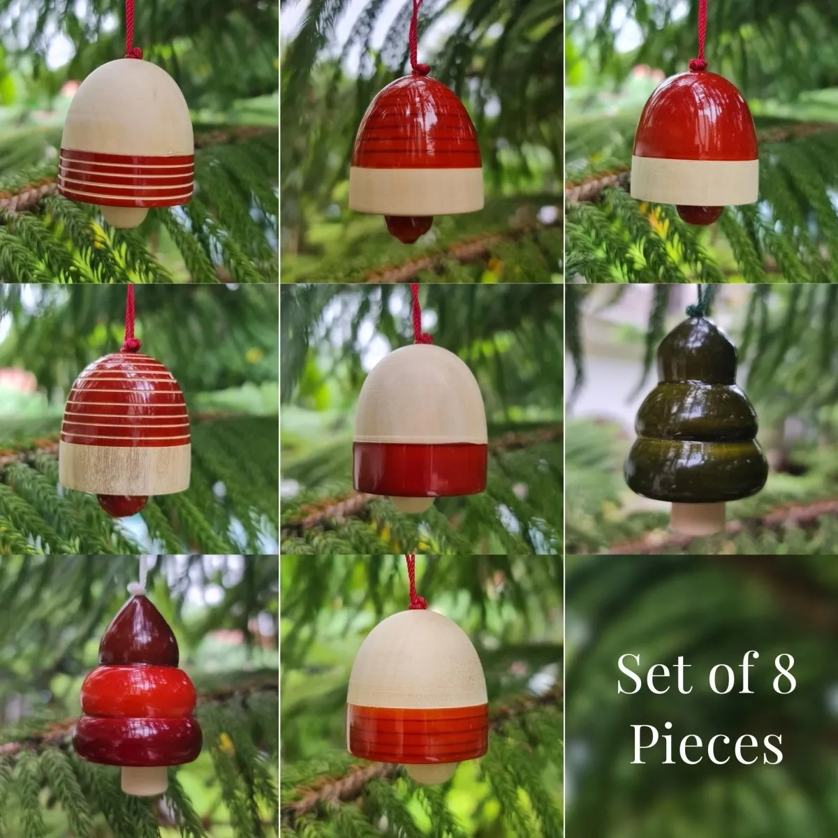 Handmade All Natural Wooden Christmas Bell Ornaments(Set of 8)