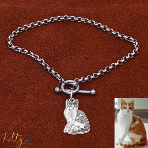 KittySensations Custom Cat Charm Bracelet with Personal Engraving in Solid 925 Sterling Silver