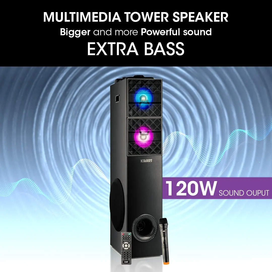 Kivart Multimedia Tower speaker | Unleash the party, own the stage  | 120 W | With Mic & Remote control |  High Bass Performance | With Bluetooth