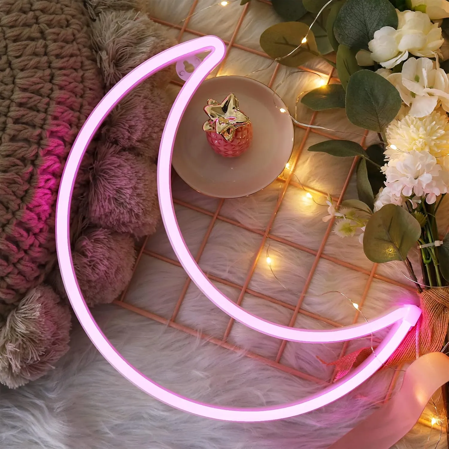 LED Pink Moon Neon Light, Cute Neon Moon Sign,Christmas Room Decor Battery or USB Powered 5V Art LED Decorative Lights Night Lights Indoor for Home, Bedroom, Office,Dorm,Party (Pink Moon)