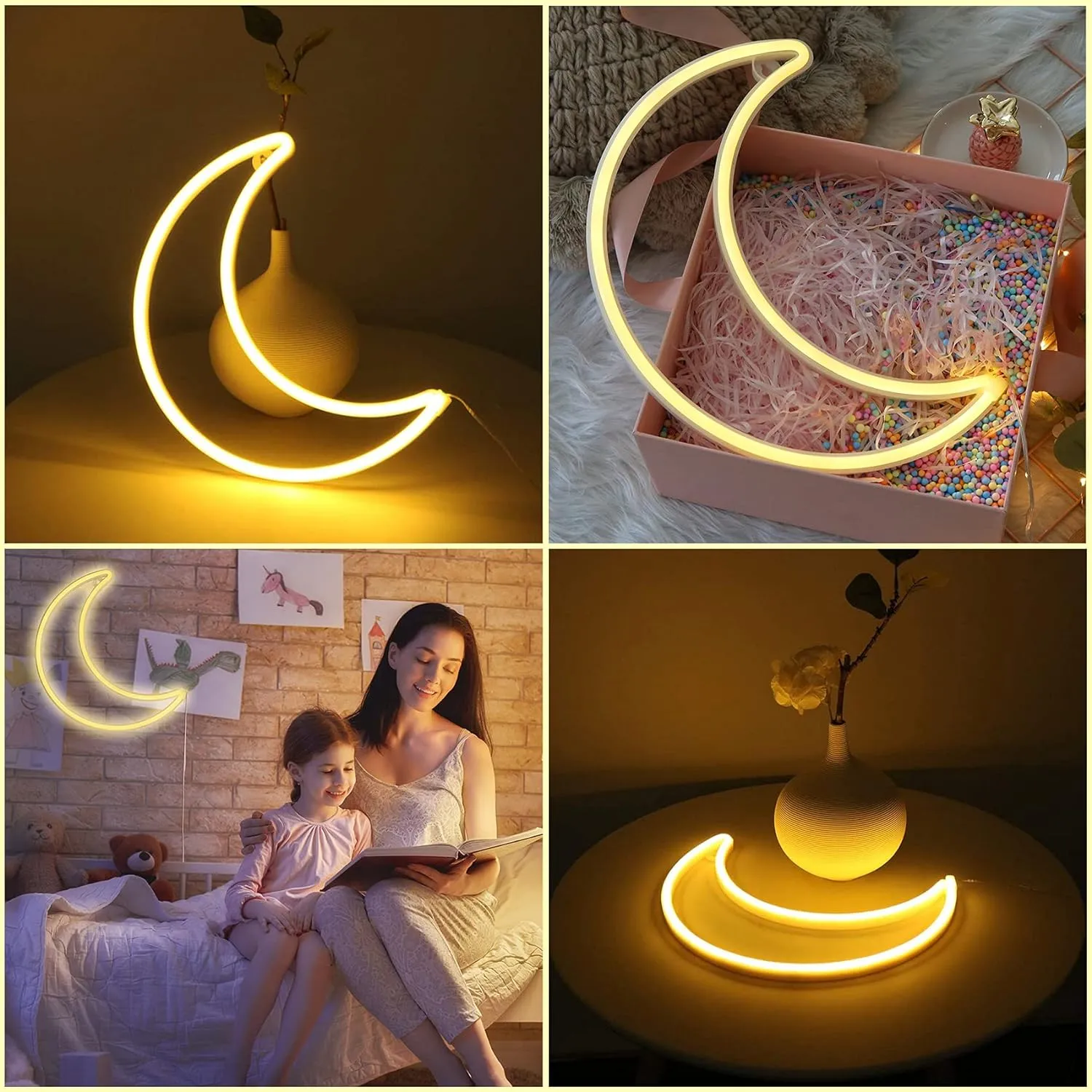 LED Pink Moon Neon Light, Cute Neon Moon Sign,Christmas Room Decor Battery or USB Powered 5V Art LED Decorative Lights Night Lights Indoor for Home, Bedroom, Office,Dorm,Party (Pink Moon)