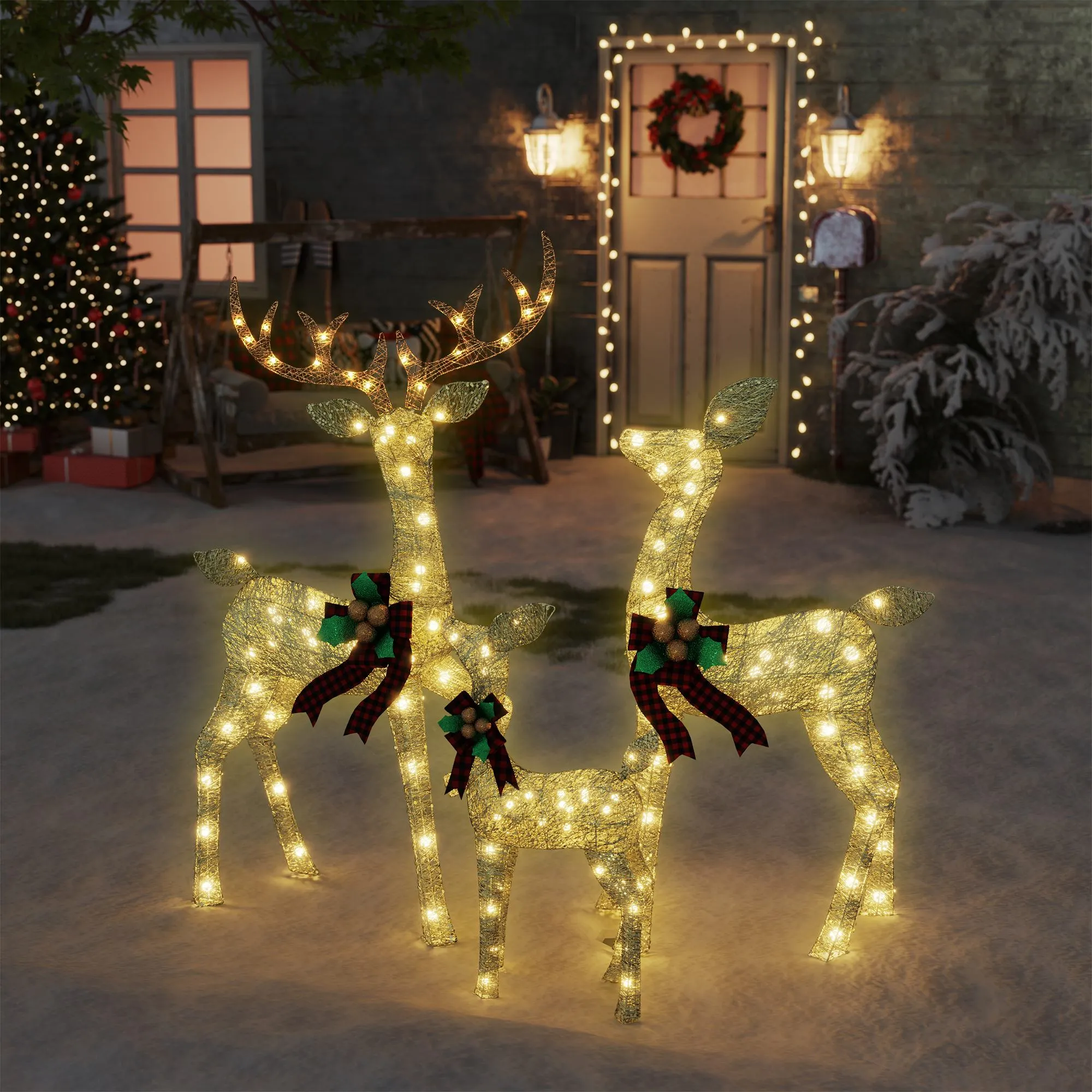 Lighted Christmas Lights Reindeer Family - 3-Piece Set with 210 Christmas Lights - Outdoor Yard Decoration Kit Including Reindeer, Stakes, and Extension Cord