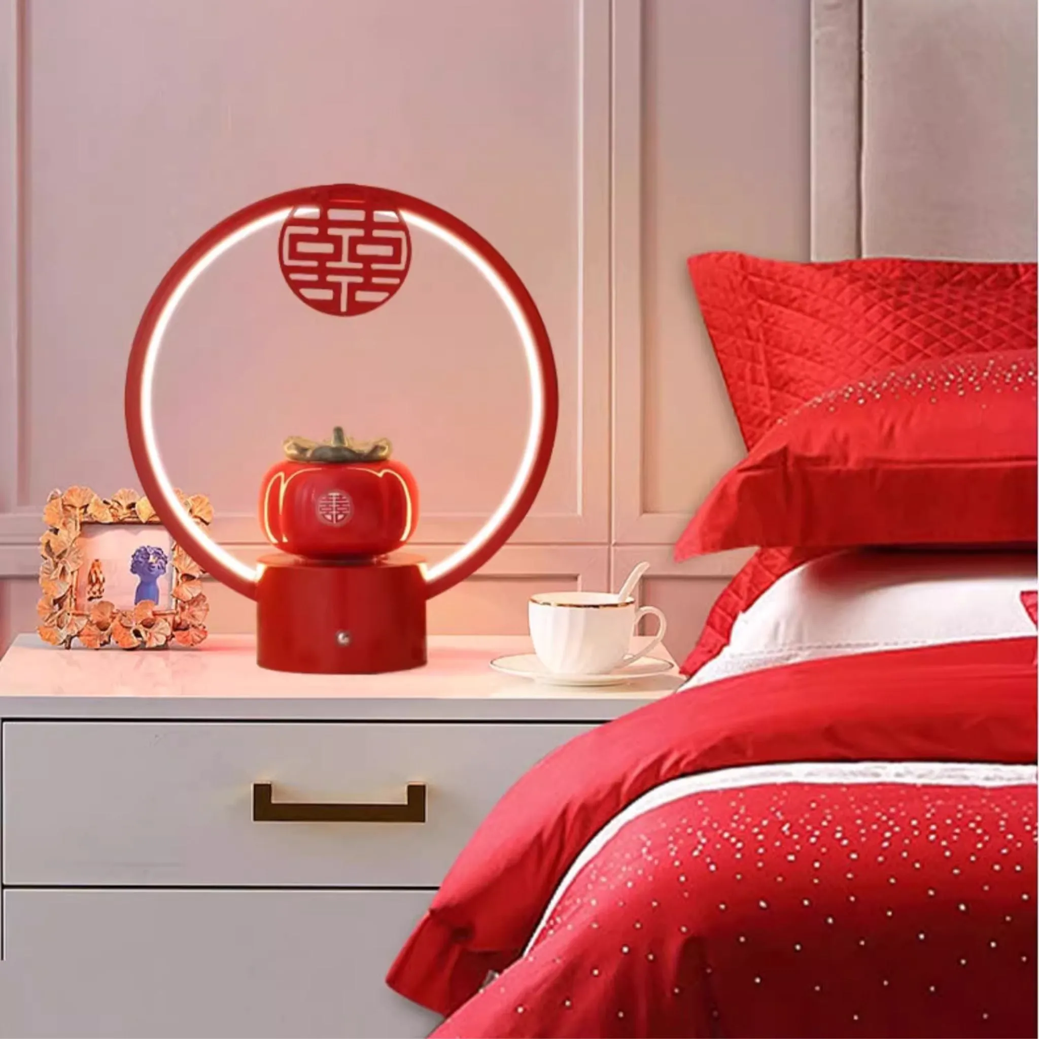 Mandarin Orange Double Happiness LED Bedside Lamp