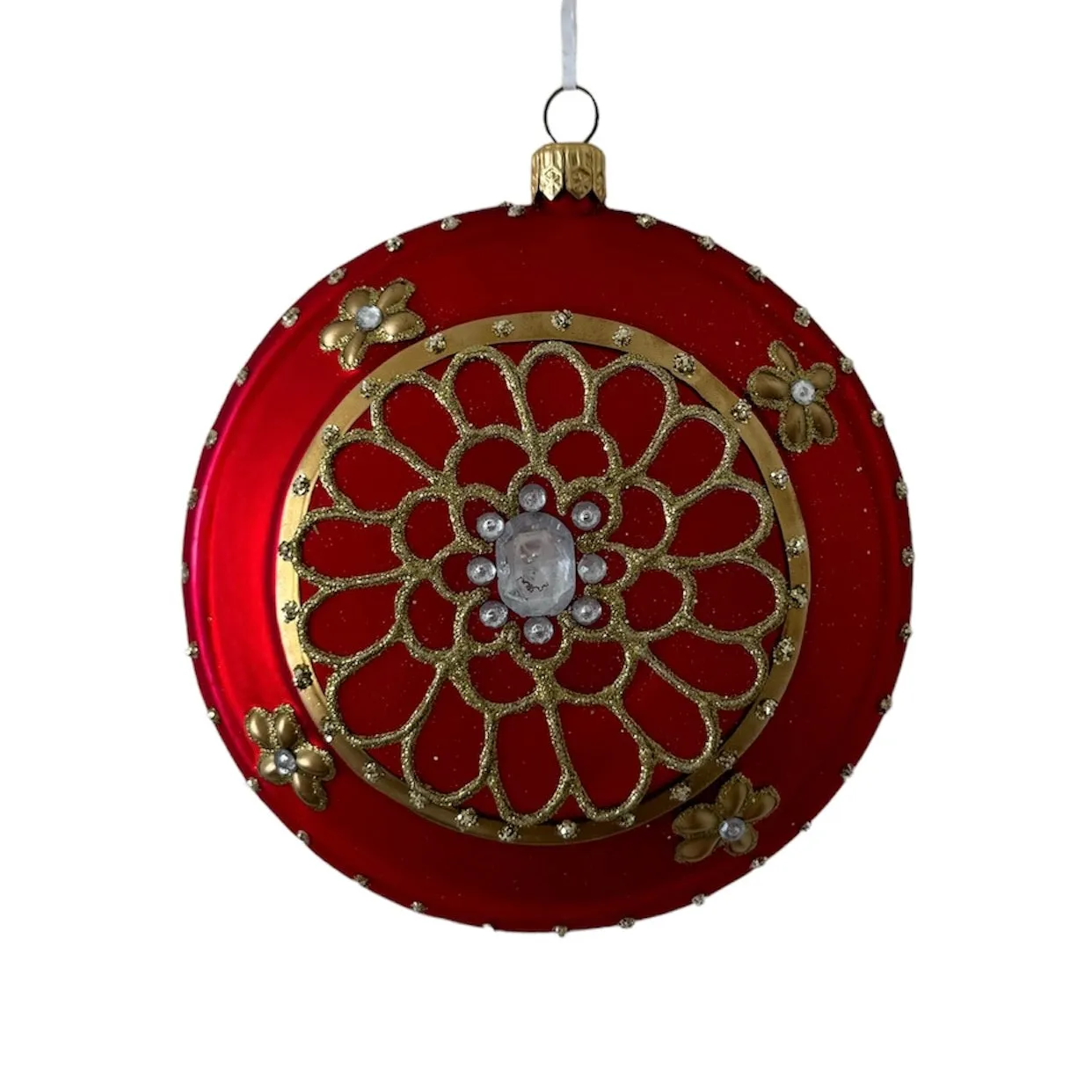 Matte Red Jeweled Glass Disc Ornament