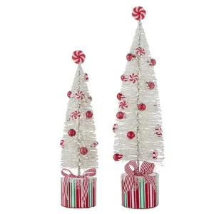 Raz Imports 2022 Merrymint 20" Peppermint Bottle Brush Trees On Present, 2 Set