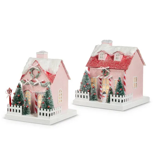 Raz Imports 2023 Jingle & Cocoa 8.25" Lighted Pink Paper House, Asst of 2