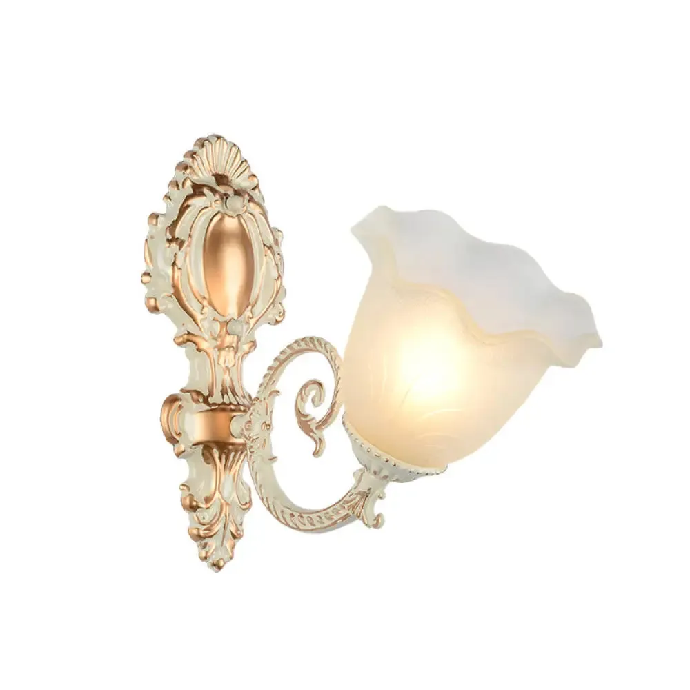 Rustic Ruffle Glass Wall Light for Living Room with Bud Shade and White Finish