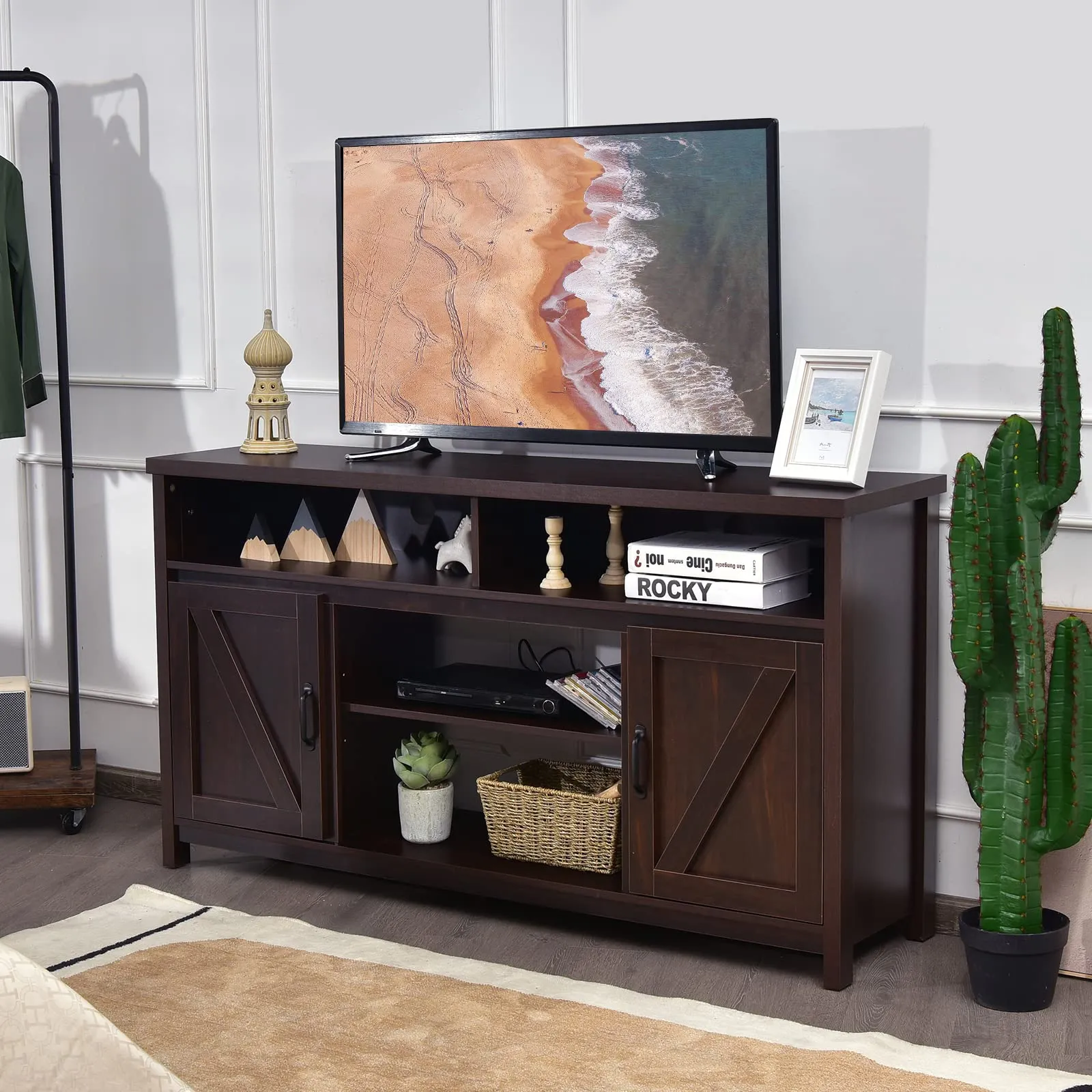 Tangkula Modern Farmhouse TV Stand with Double Barn Doors