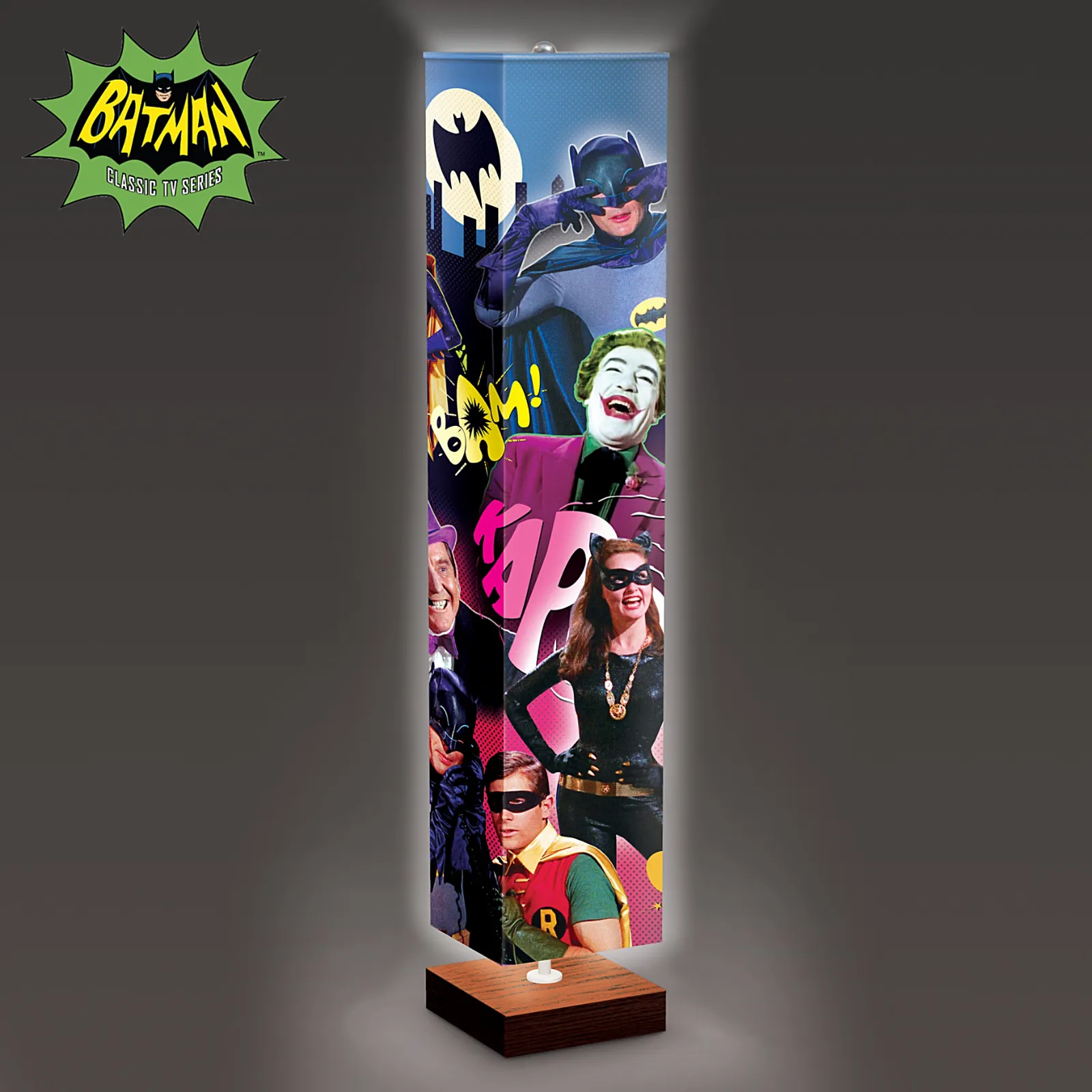 The Bradford Exchange Batman Floor Lamp Features Colorful Graphics of Robin Batgirl Catwoman Joker Penguin Riddler Mr Freeze and Egghead on 4 Sided Fabric Shade with Hands Free Floor Switch  5'-Feet