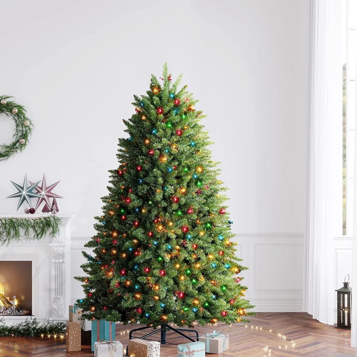 timeless 6ft Pre-Lit Spruce Christmas Tree with 500 Color Lights, Artificial Multi-Color Xmas Tree 7' 7'