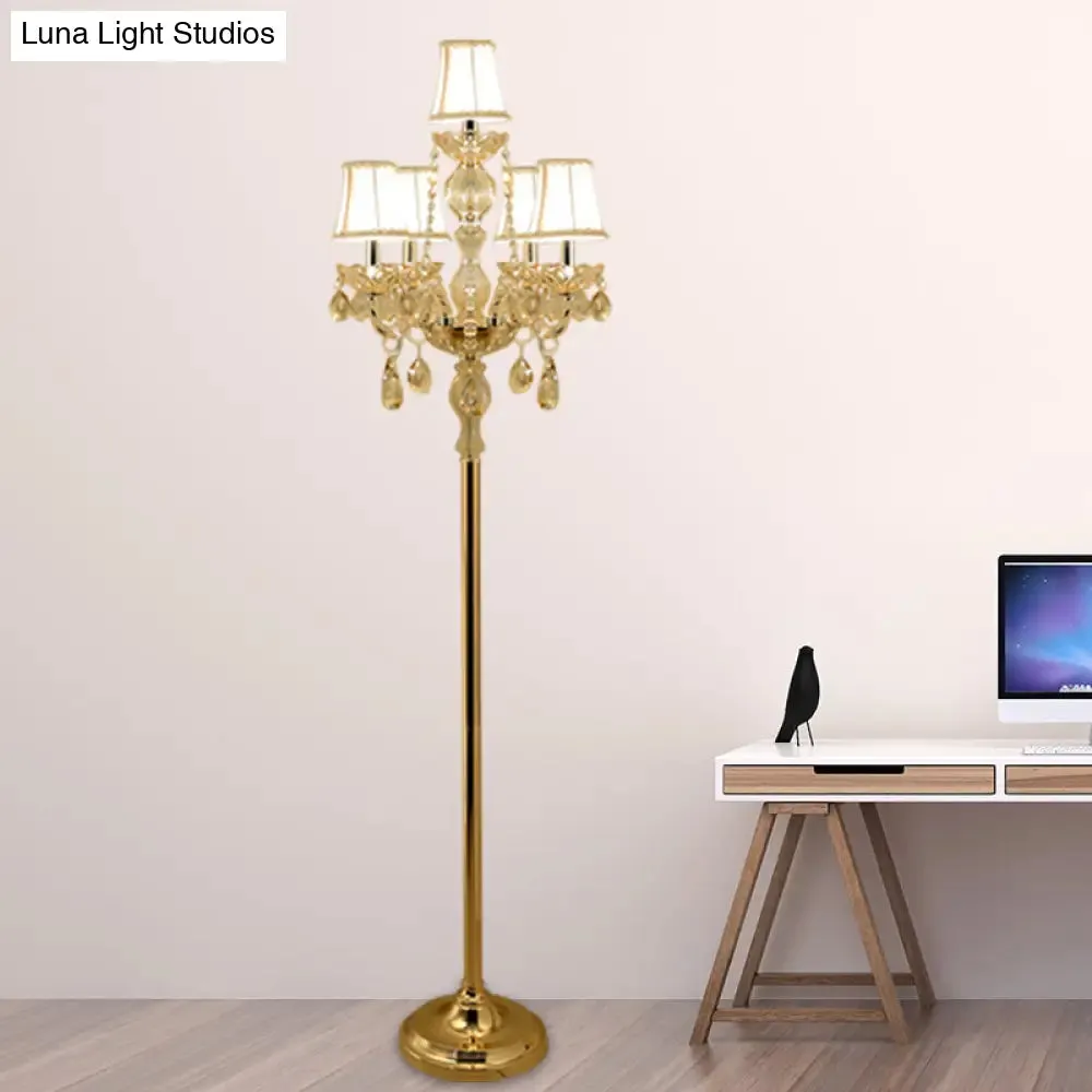 Traditional Clear Crystal Candlestick Floor Lamp with White Shade - Gold Standing Light