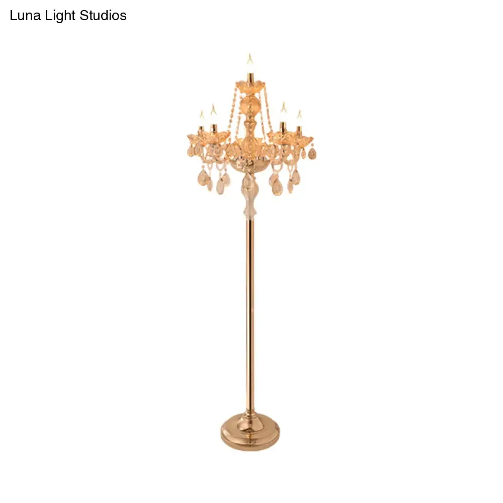 Traditional Clear Crystal Candlestick Floor Lamp with White Shade - Gold Standing Light