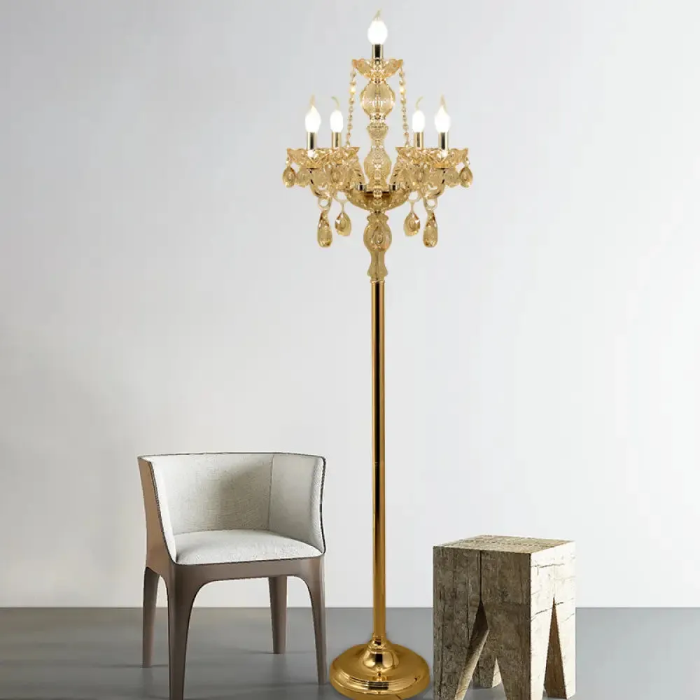 Traditional Clear Crystal Candlestick Floor Lamp with White Shade - Gold Standing Light