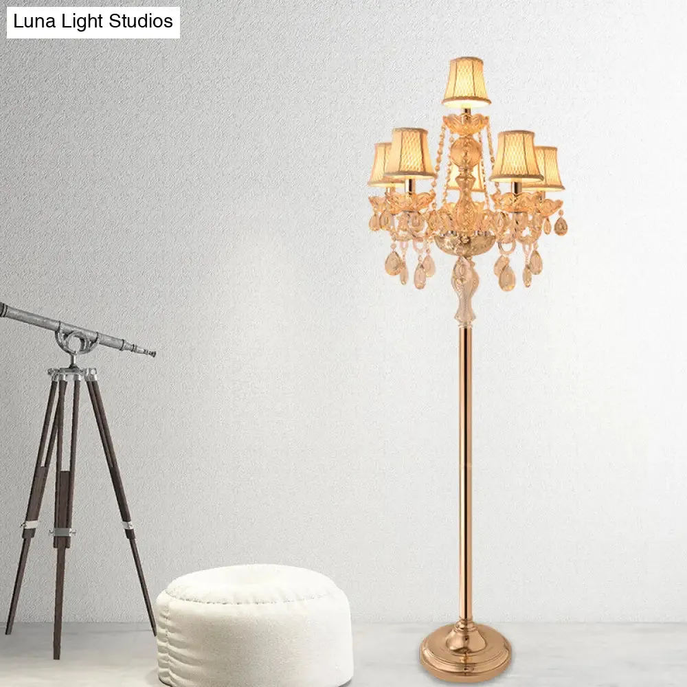 Traditional Clear Crystal Candlestick Floor Lamp with White Shade - Gold Standing Light