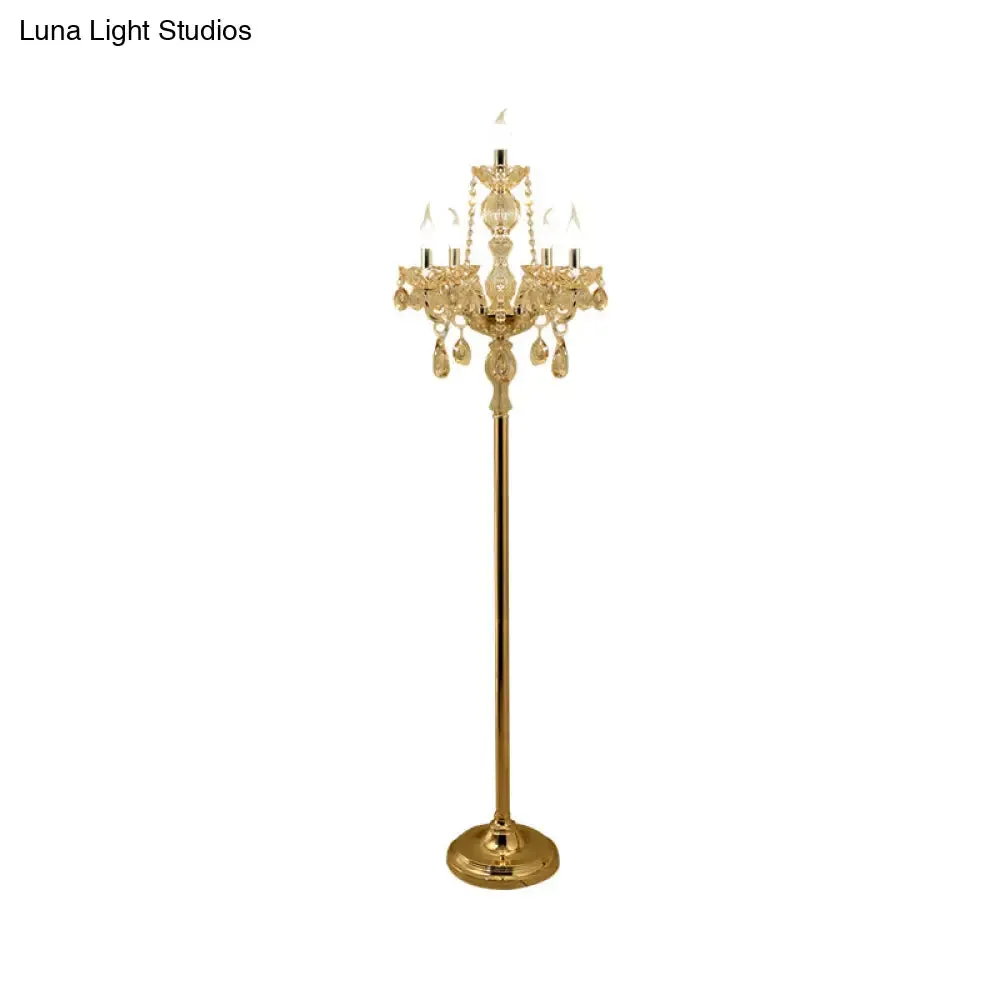 Traditional Clear Crystal Candlestick Floor Lamp with White Shade - Gold Standing Light