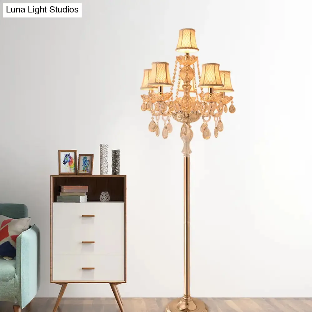 Traditional Clear Crystal Candlestick Floor Lamp with White Shade - Gold Standing Light