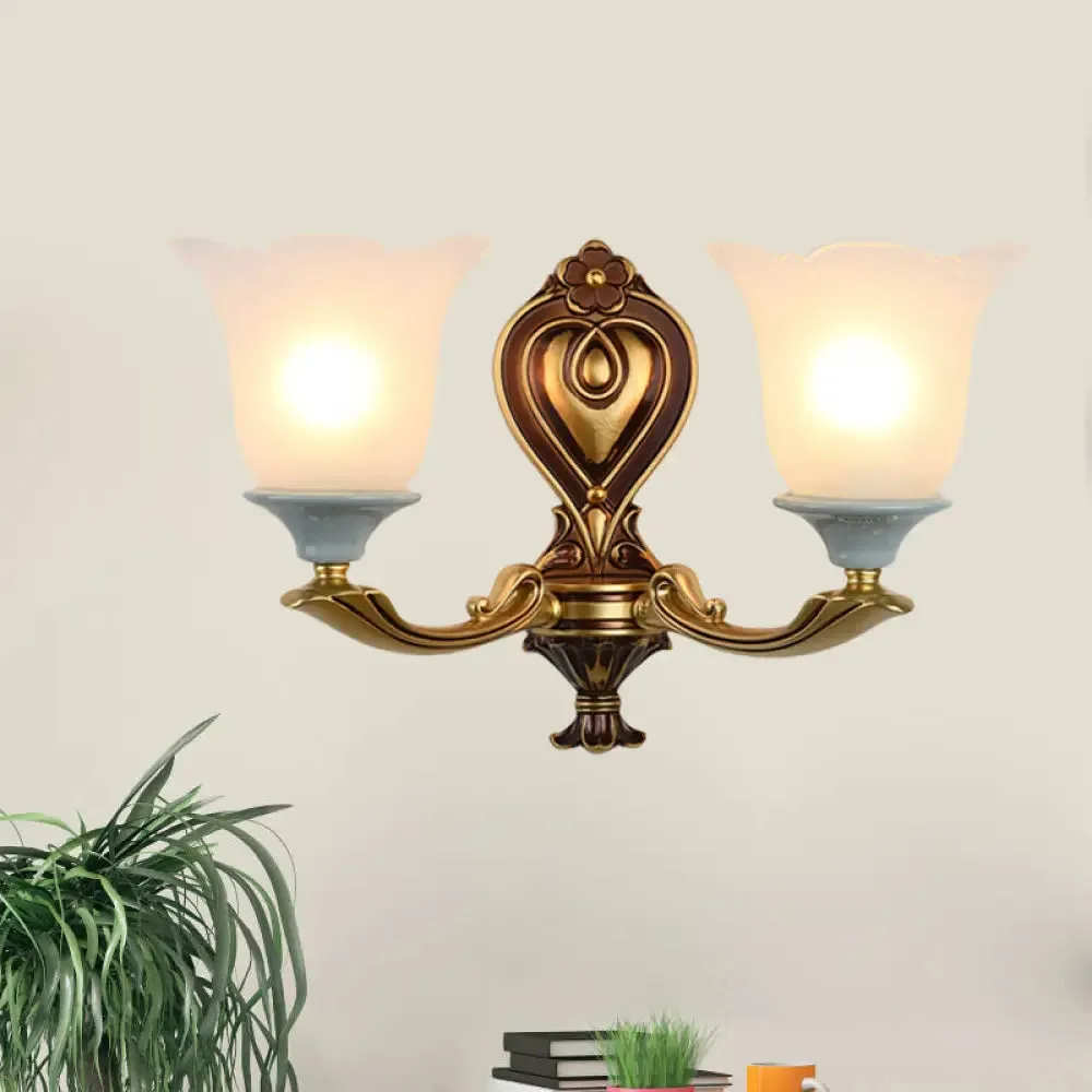 Traditional Flower-Shape Opal Glass Wall Sconce Light Fixture in Brass