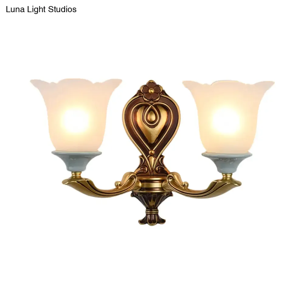 Traditional Flower-Shape Opal Glass Wall Sconce Light Fixture in Brass