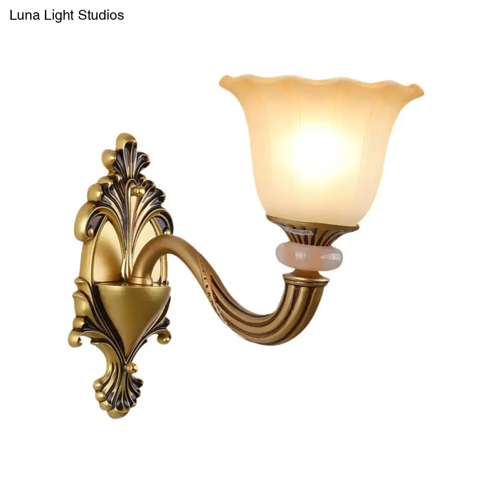 Traditional Flower-Shape Opal Glass Wall Sconce Light Fixture in Brass