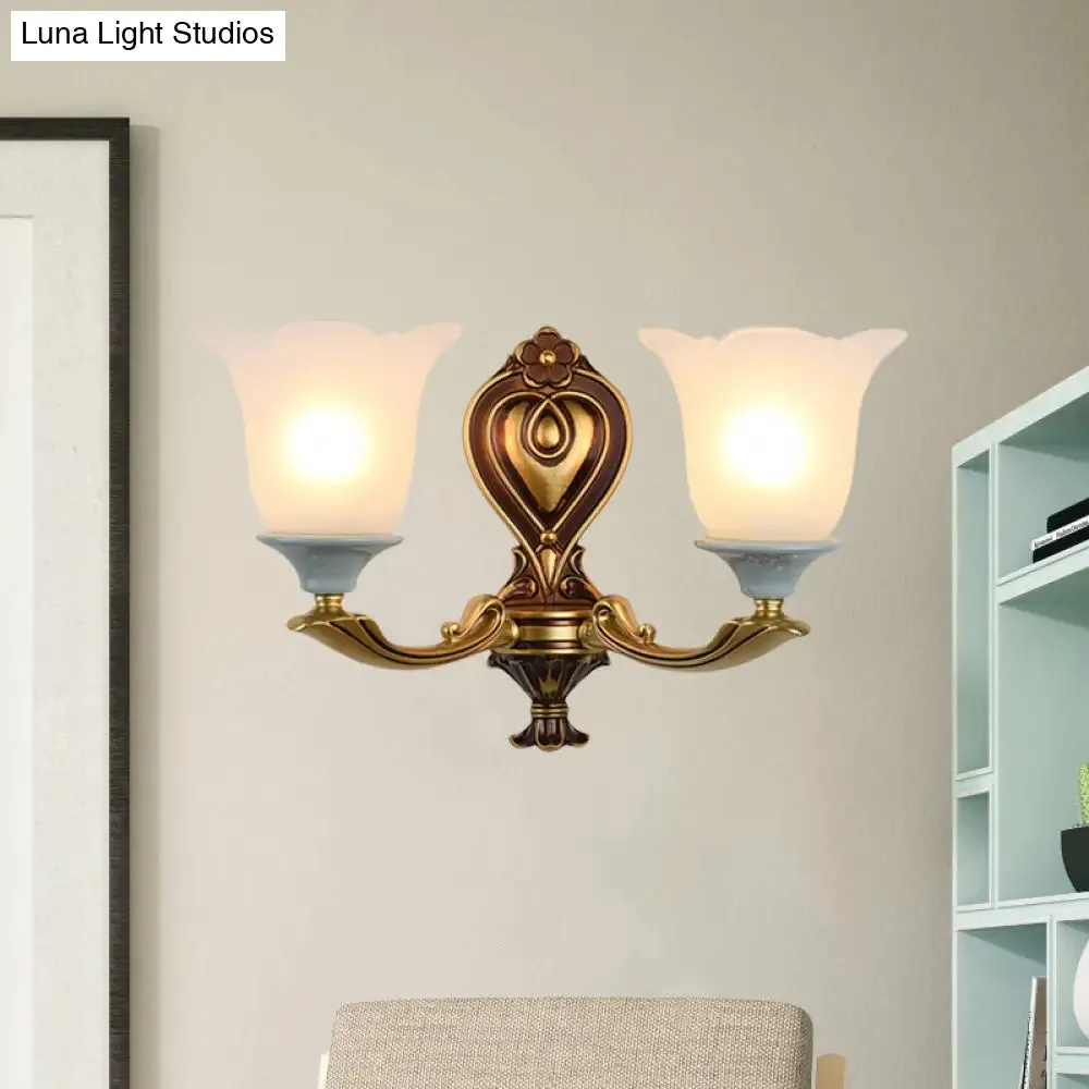 Traditional Flower-Shape Opal Glass Wall Sconce Light Fixture in Brass