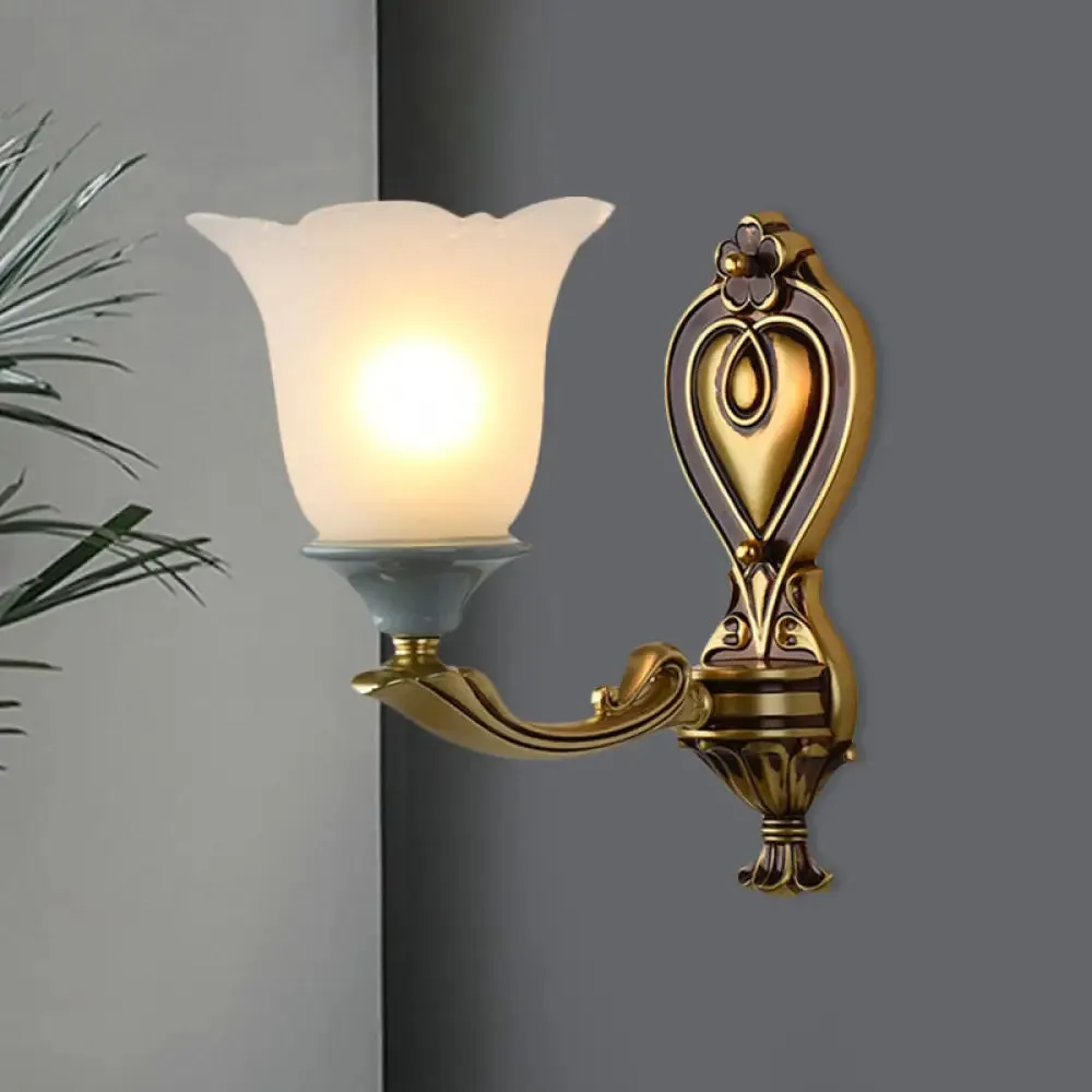 Traditional Flower-Shape Opal Glass Wall Sconce Light Fixture in Brass