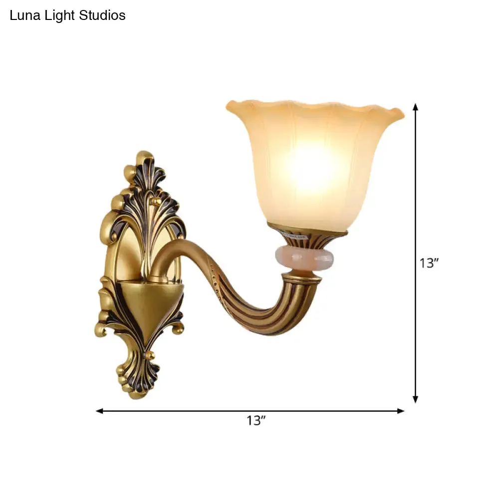 Traditional Flower-Shape Opal Glass Wall Sconce Light Fixture in Brass