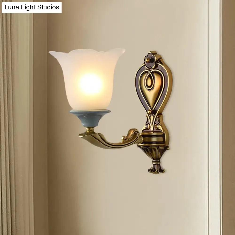 Traditional Flower-Shape Opal Glass Wall Sconce Light Fixture in Brass